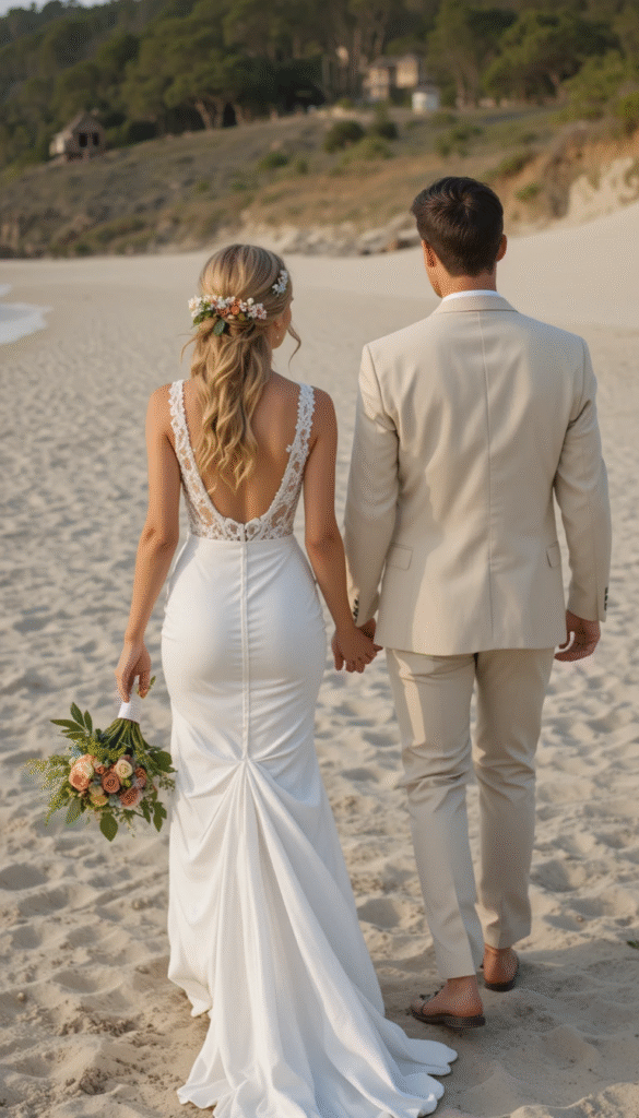 Groom and Bride Coordination with a Beach Wedding Dress