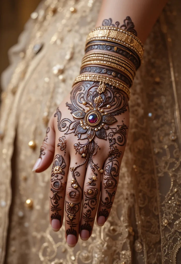 Jewellery-Inspired Back Hand Mehndi Designs