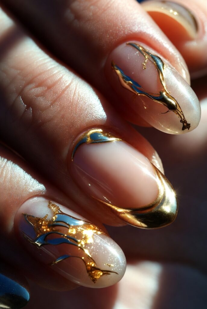 Nude Gold Luxury Nails Using Foil, Chrome, and Metallic Accents